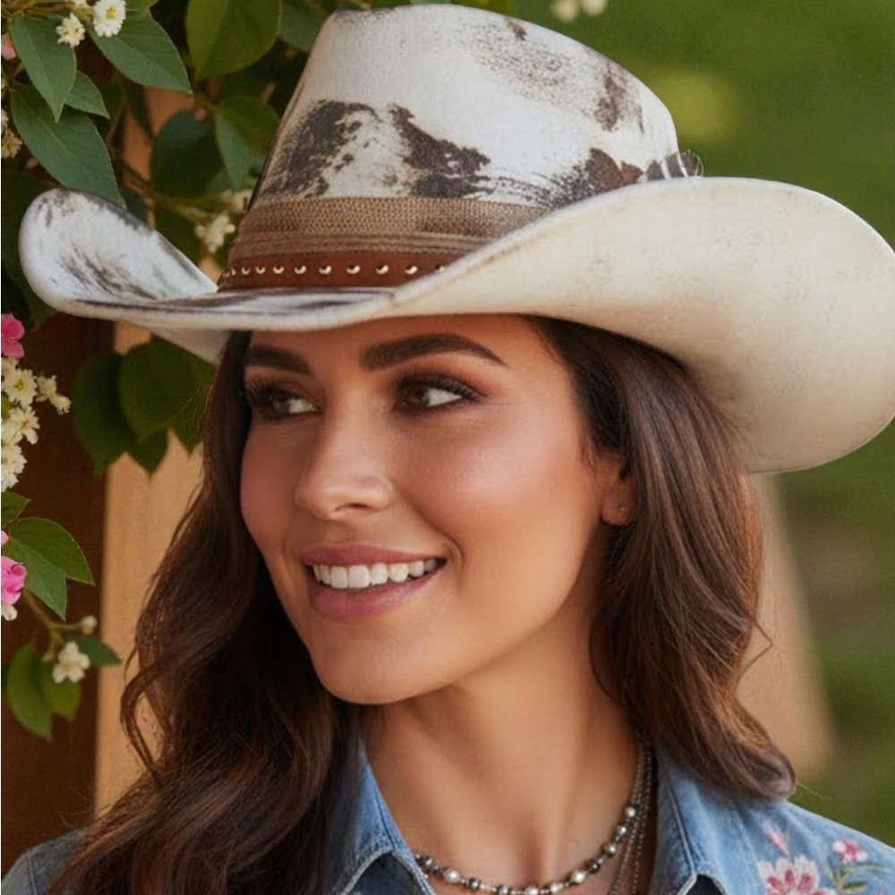 White & Brown Vintage Inspired Distressed Fabric Band Rustic Western Fedora Hat